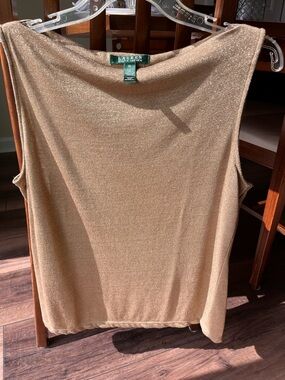 Lauren Ralph Lauren Shiny Gold Sleeveless Boat / Drape Neck Top, Size XL!